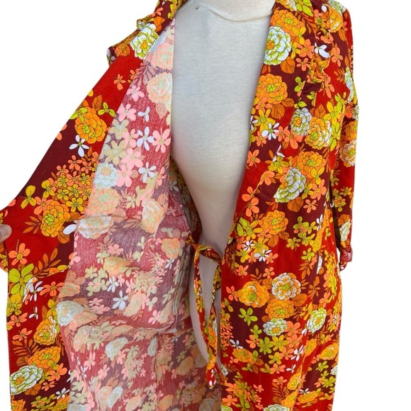 Vintage Hawaiian Barkcloth Floral Ruffle Robe Mod Dayglow Retro Neon Small READ - Picture 4 of 16